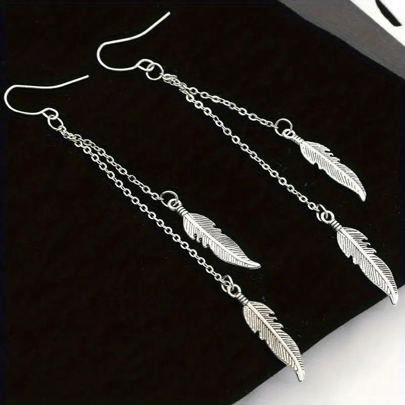 Silver Double Feather Chain Drop Earrings