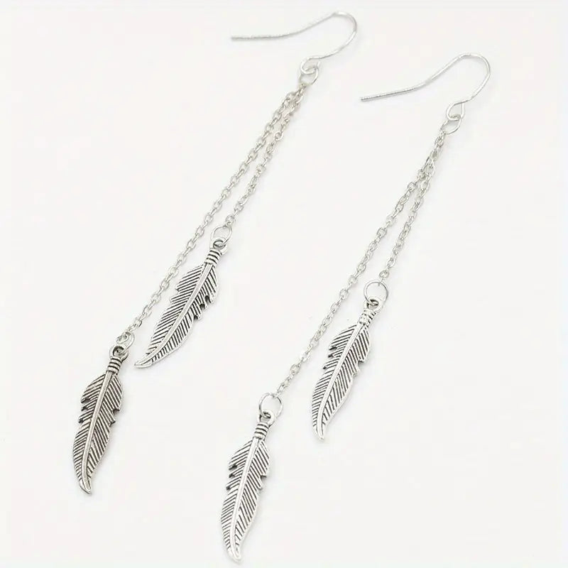Silver Double Feather Chain Drop Earrings