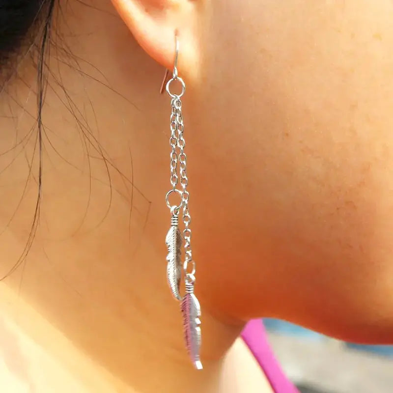 Silver Double Feather Chain Drop Earrings