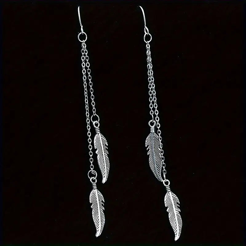 Silver Feather Chain Dangle Earrings