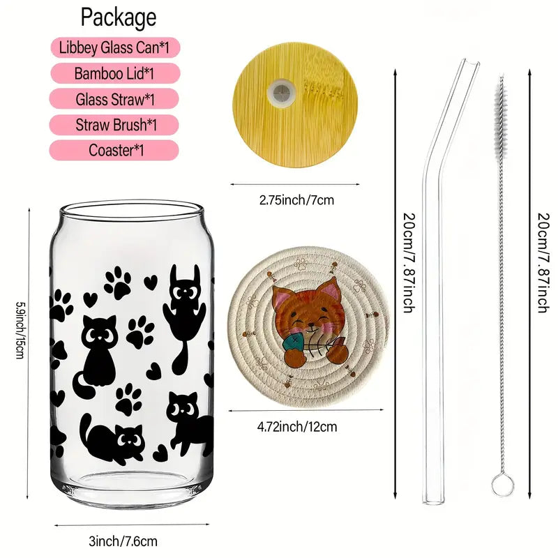 Cute Black Cat Libbey Glass with Bamboo Lid & Glass Straw