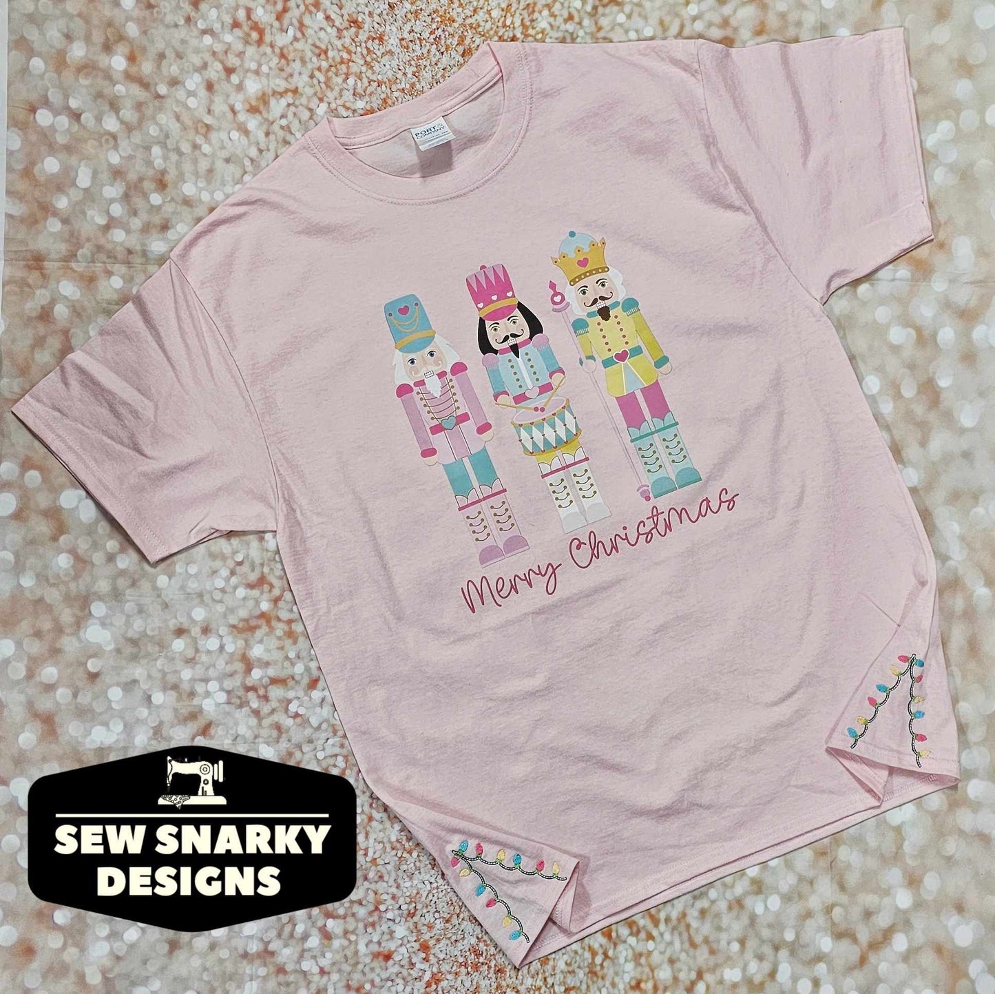Pastel Nutcracker Christmas T-Shirt with Embroidered Christmas Lights
