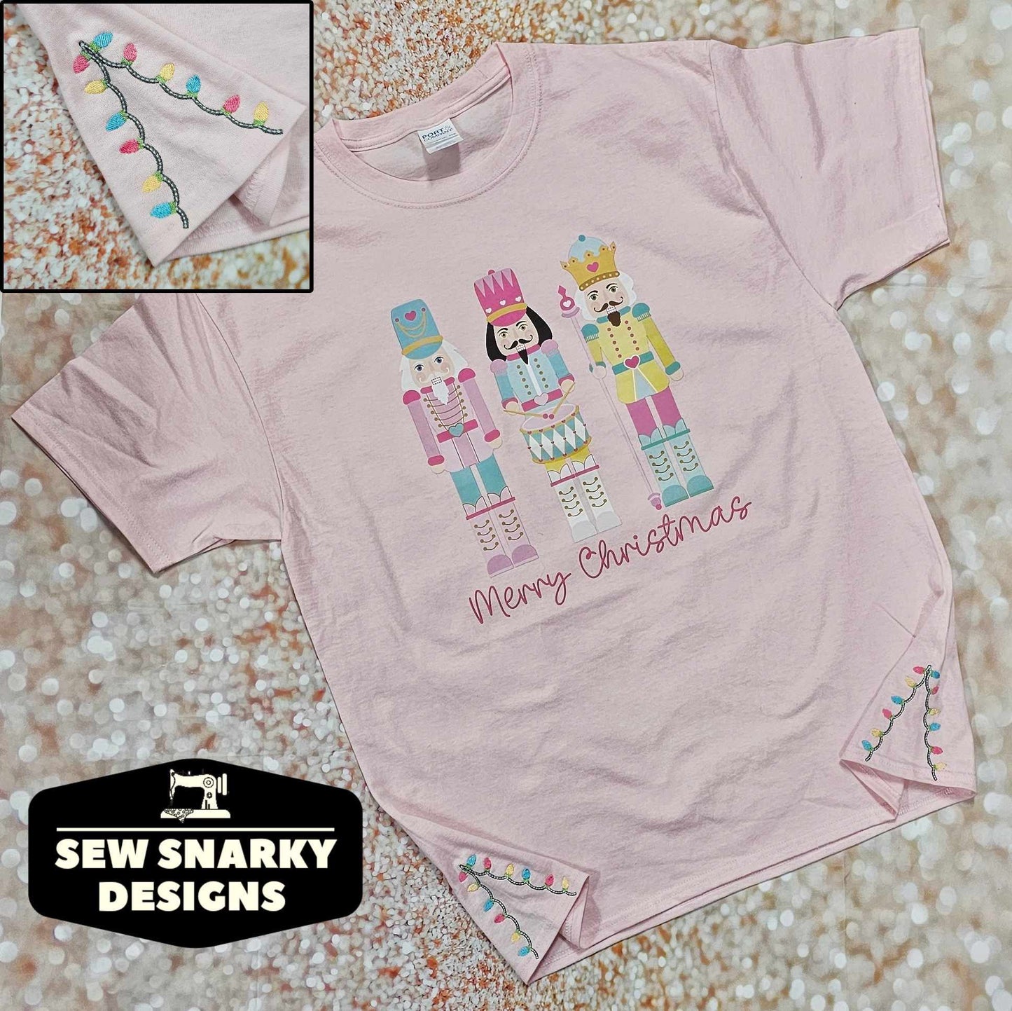 Pastel Nutcracker Christmas T-Shirt with Embroidered Christmas Lights