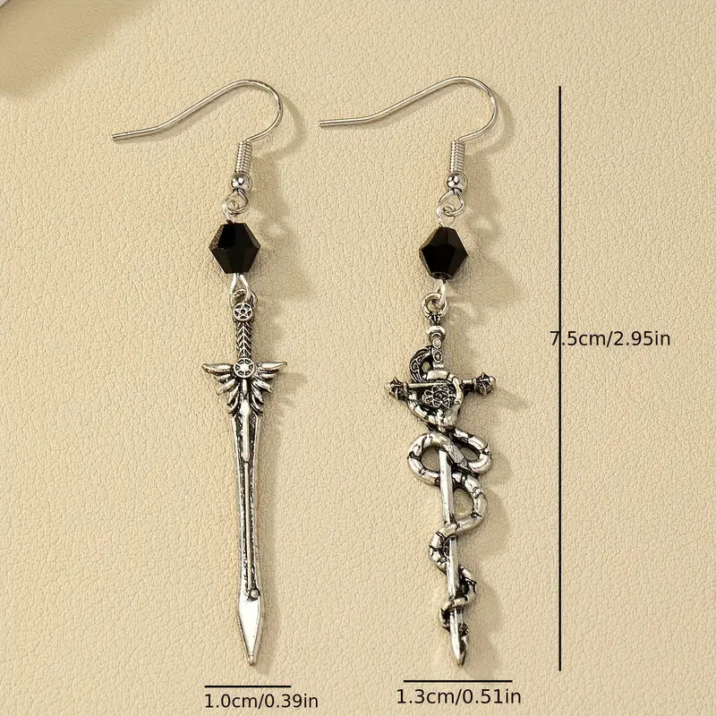 Gothic Asymmetrical Sword & Snake Earrings