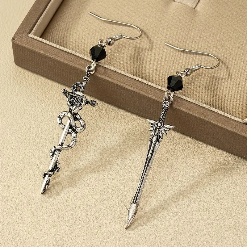 Gothic Asymmetrical Sword & Snake Earrings