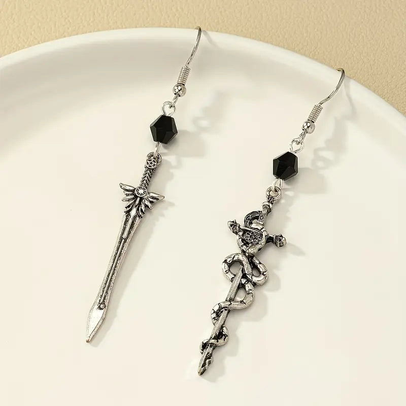 Gothic Asymmetrical Sword & Snake Earrings
