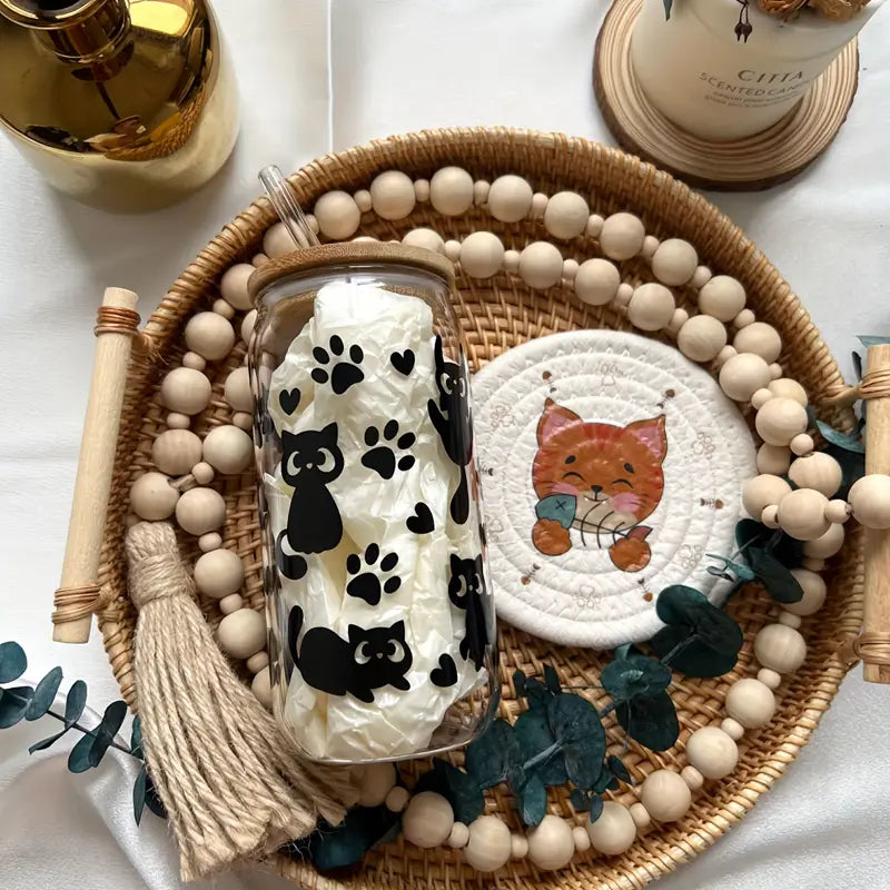 Cute Black Cat Libbey Glass with Bamboo Lid & Glass Straw