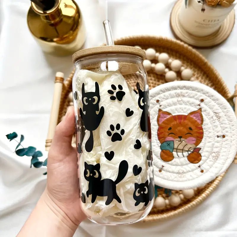 Cute Black Cat Libbey Glass with Bamboo Lid & Glass Straw